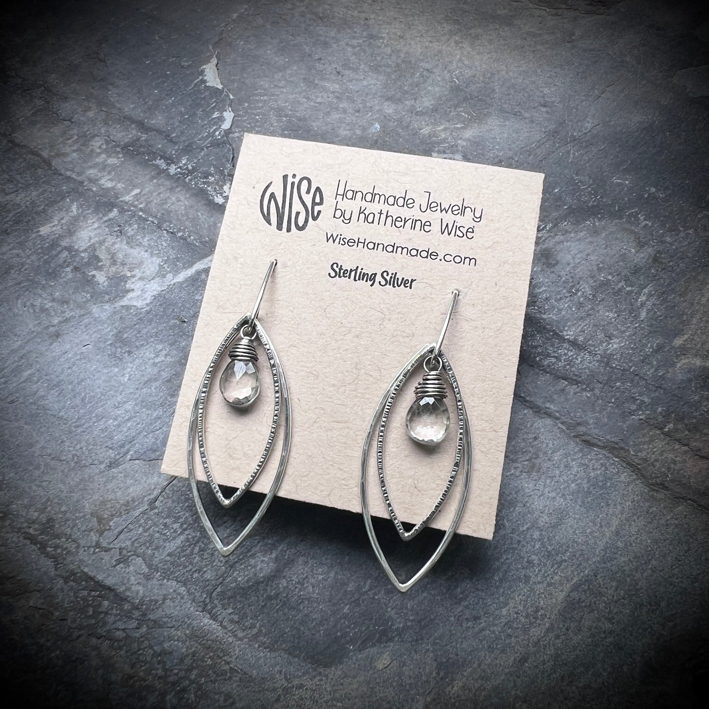 Sterling Silver Crystal Quartz Earrings | Clear Natural Stone Hammered Marquise Dangles