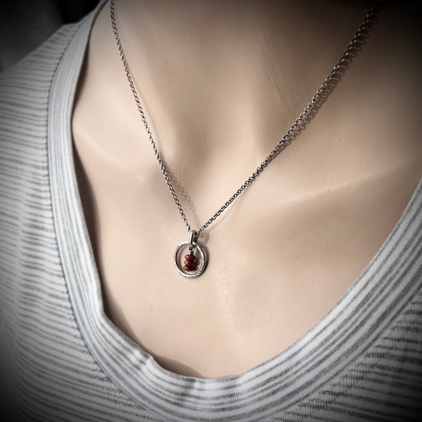 Sterling Silver Red Jasper Necklace | Natural Stones in Hammered Ring Pendant