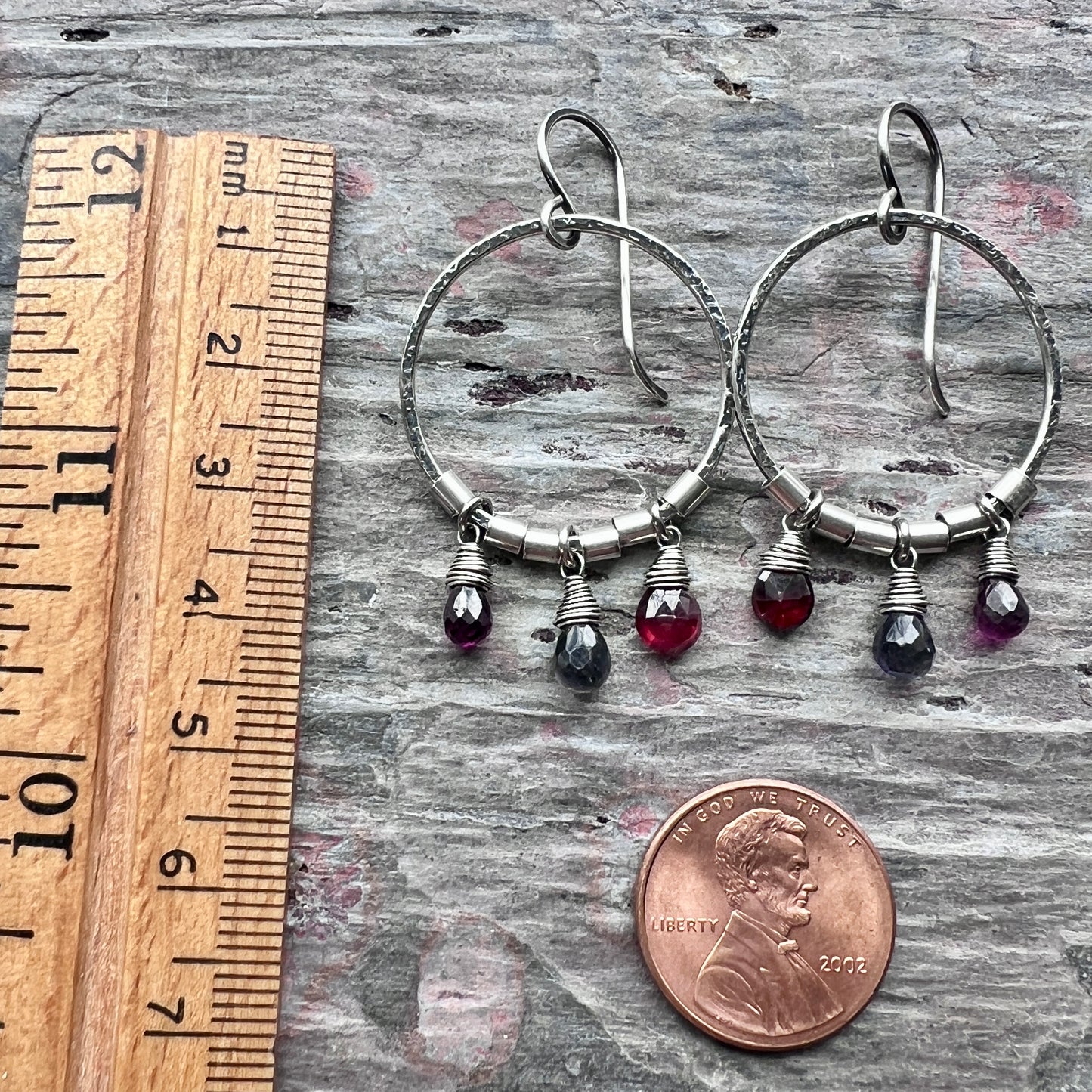 Sterling Silver Garnet and Iolite Earrings | Genuine Natural Stones and Hammered Silver Hoops