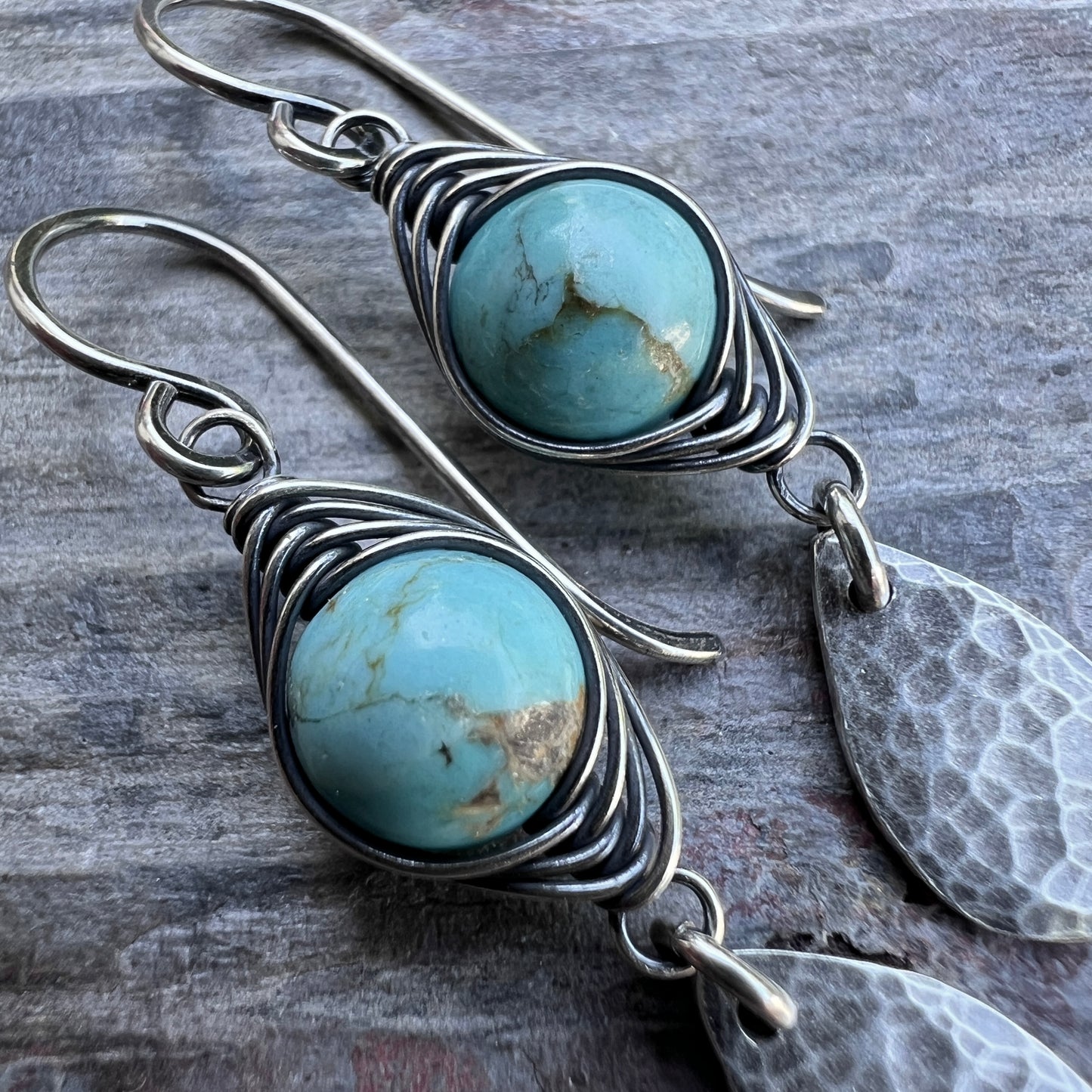 Genuine Turquoise Sterling Silver Earrings | Wire-wrapped Natural Stone and Hammered Teardrop Dangles