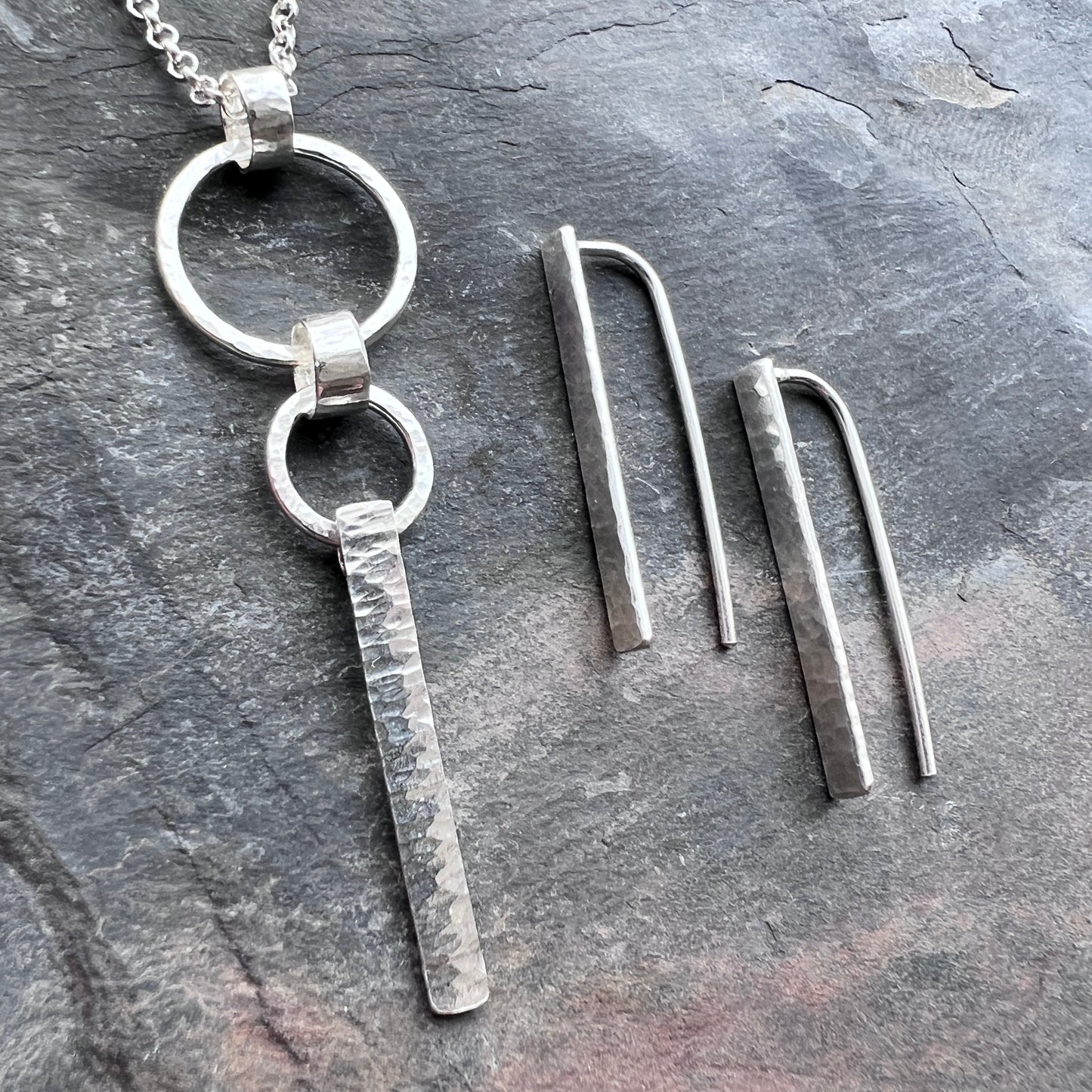 Sterling Silver Hammered Bar and Rings Necklace | Handmade Long Silver Pendant