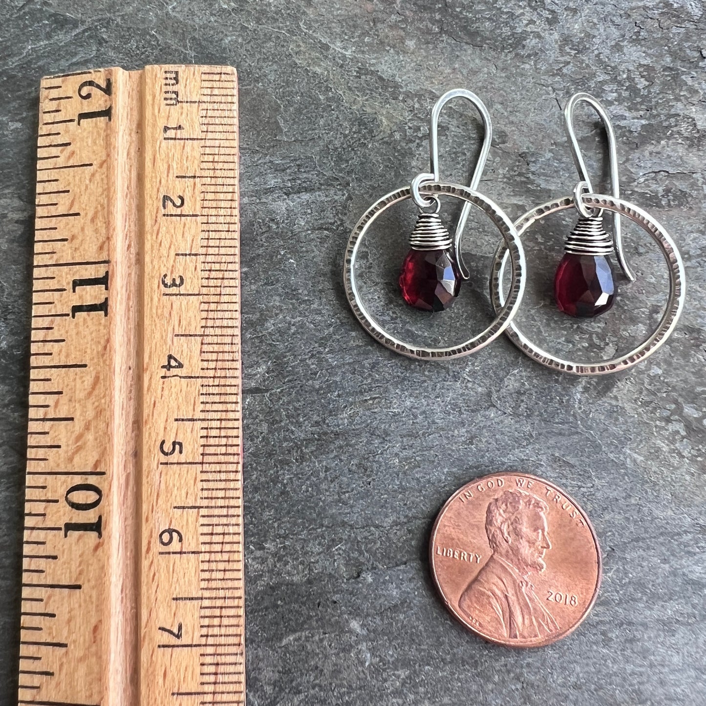 Genuine Garnet Sterling Silver Earrings | Deep Red Teardrops in Hammered Hoops