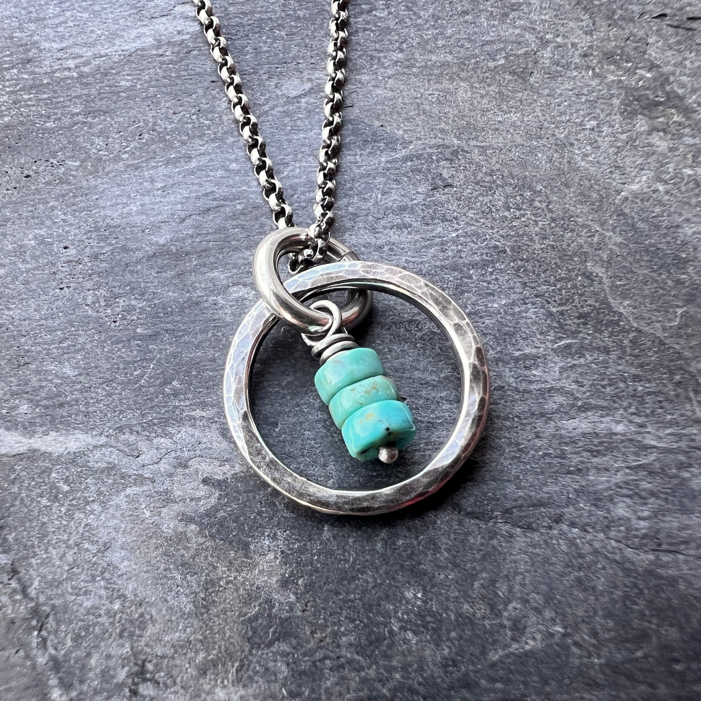 Turquoise Sterling Silver Necklace - Genuine Turquoise in Hammered Circle Pendant