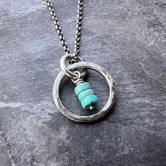 Turquoise Sterling Silver Necklace - Genuine Turquoise in Hammered Circle Pendant
