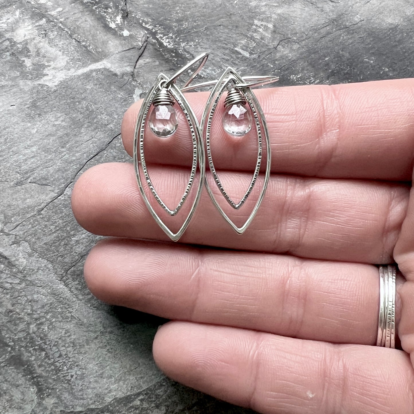 Sterling Silver Crystal Quartz Earrings | Clear Natural Stone Hammered Marquise Dangles