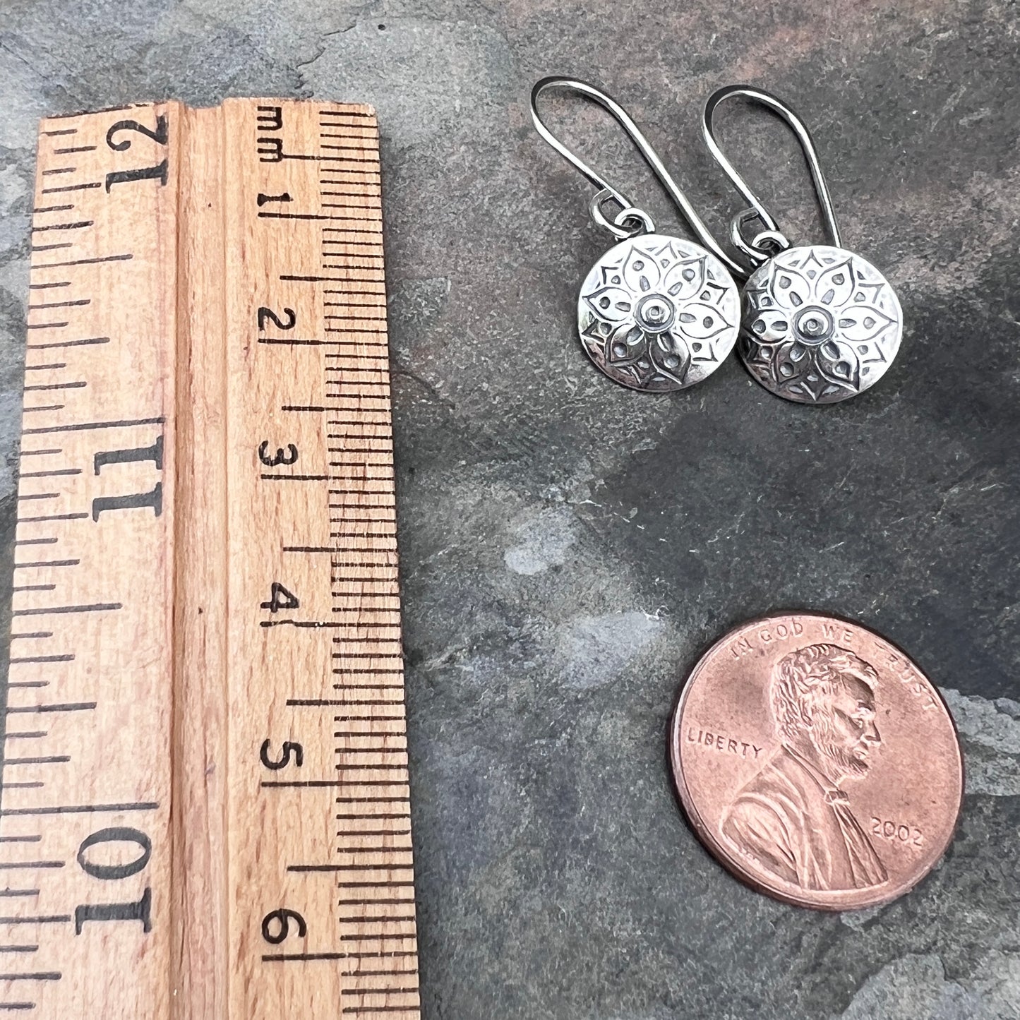 Sterling Silver Small Flower Medallion Earrings | Stamped Silver Circle Dangles