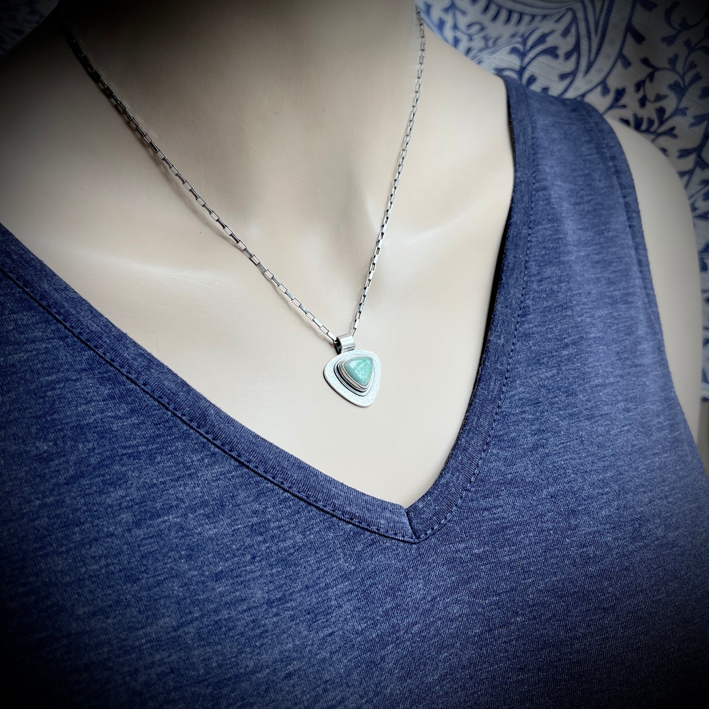 Sterling Silver Variscite Necklace | Green Natural Stone Triangular Pendant