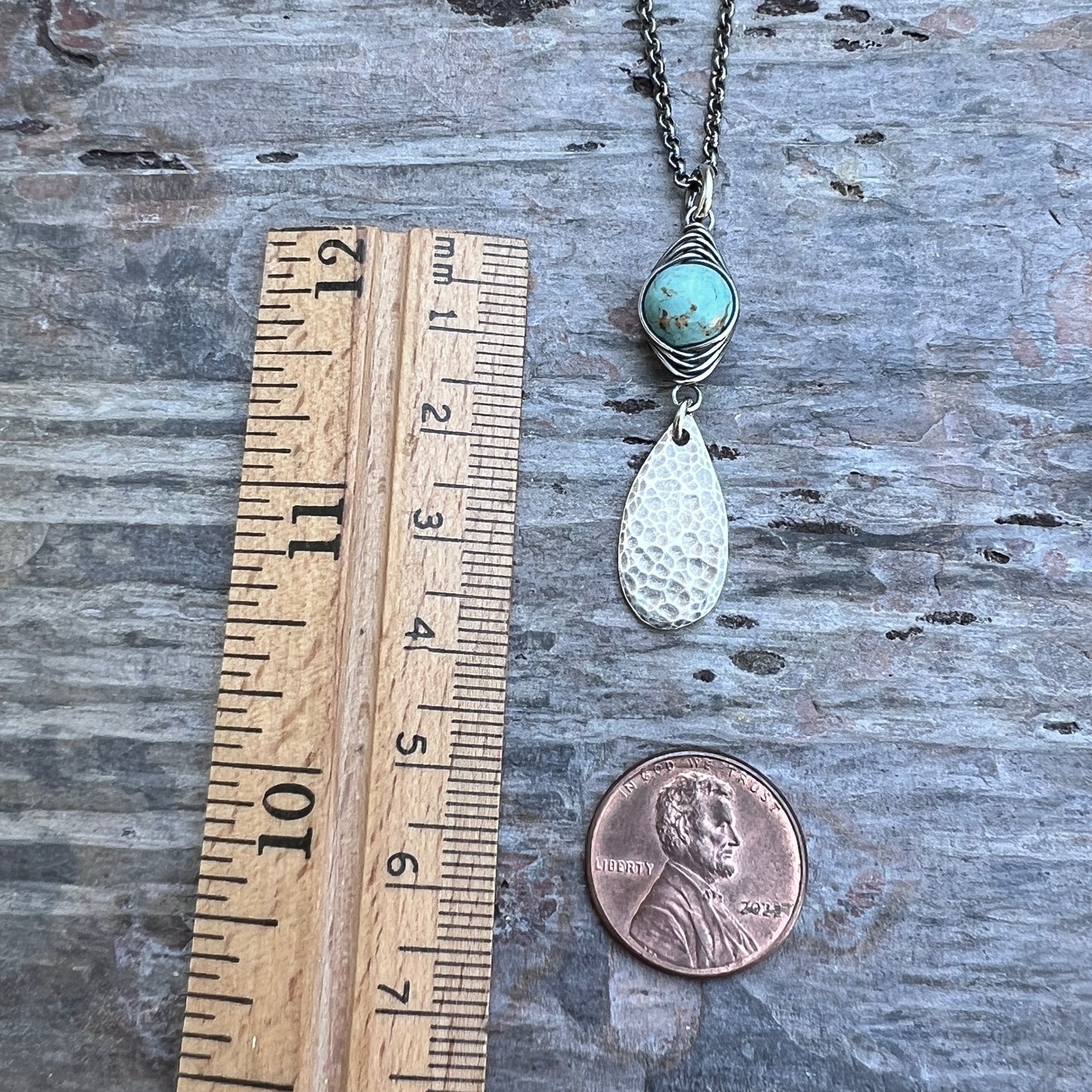 Genuine Turquoise Sterling Silver Necklace | Wire-wrapped Natural Stone and Hammered Teardrop Pendant