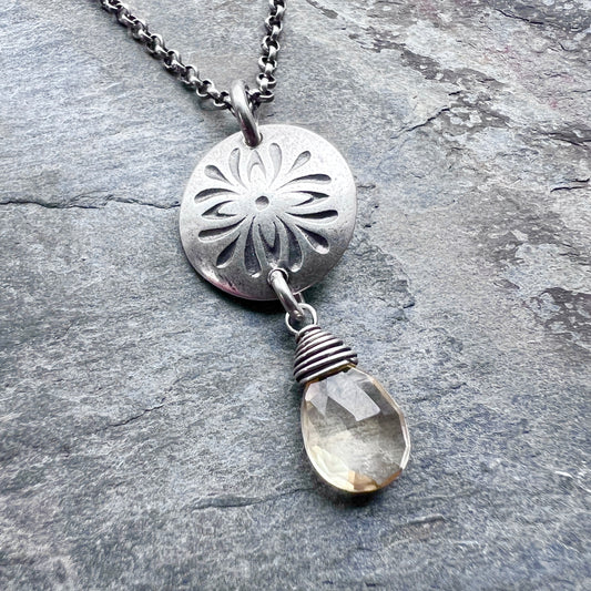 Genuine Citrine Sterling Silver Necklace | Flower Medallion and Yellow Teardrop Pendant