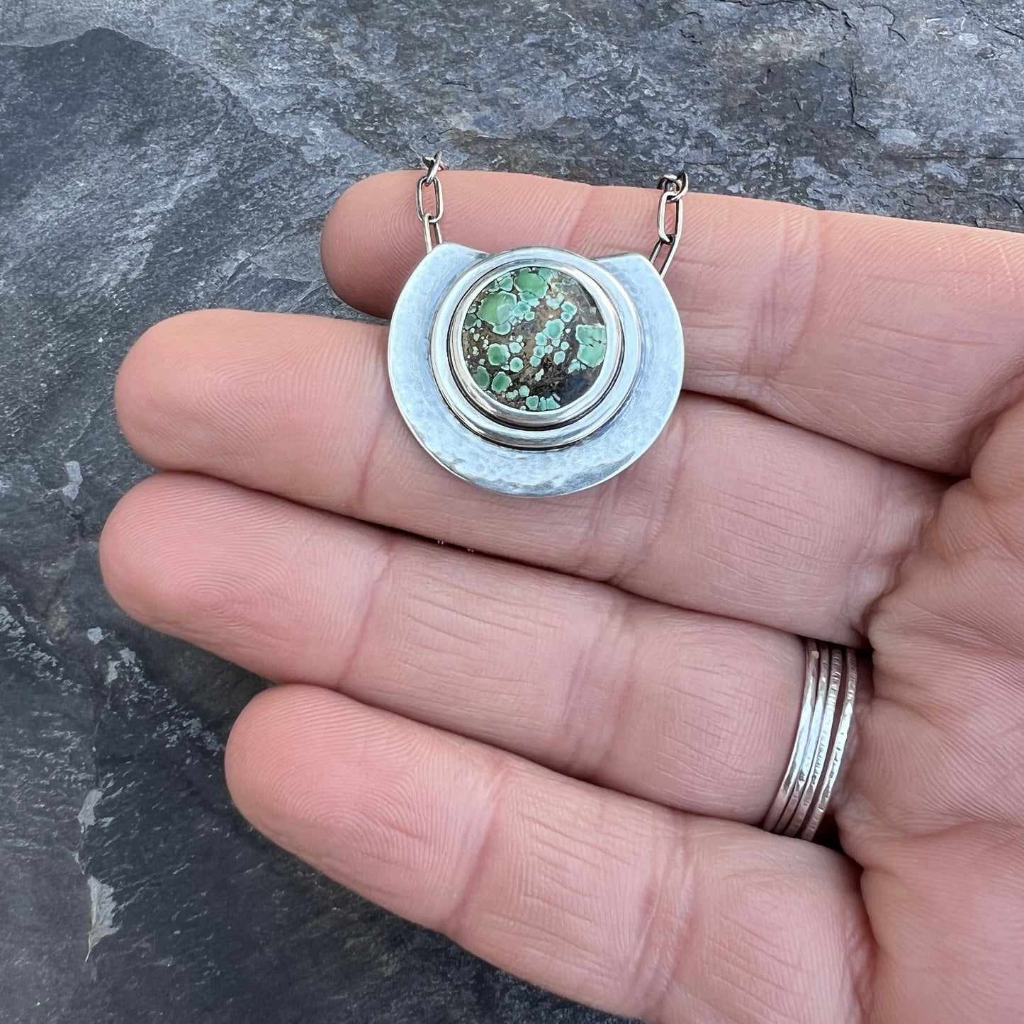 Sterling Silver Genuine Turquoise Necklace | Green Natural Stone Round Cabochon Pendant