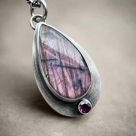 Sterling Silver Purple Labradorite and Rhodolite Garnet Necklace | Natural Stone Teardrop Pendant