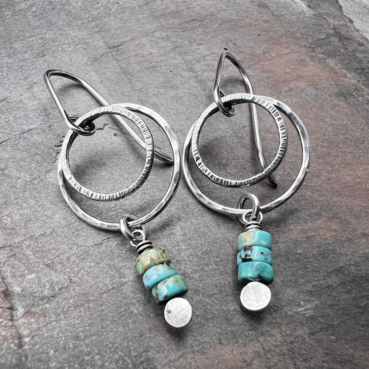 Sterling Silver Genuine Turquoise Earrings | Natural Stones on Hammered Silver Rings