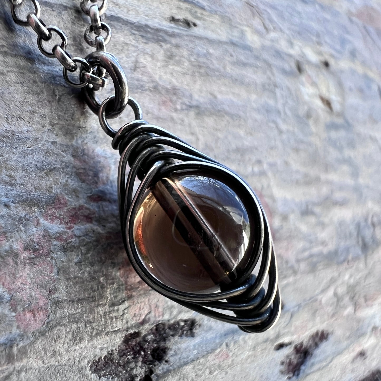 Sterling Silver Smoky Quartz Necklace | Natural Stone Wire-wrapped Pendant