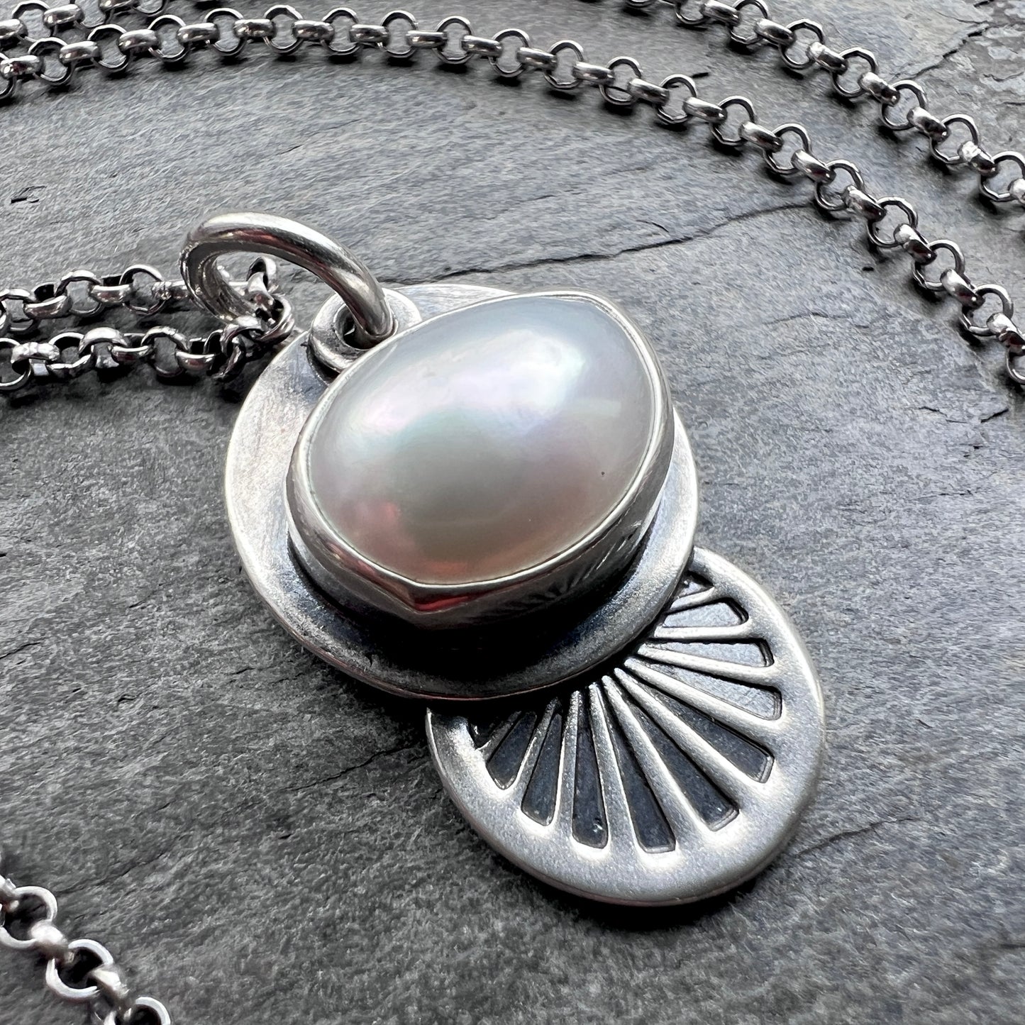 Sterling Silver Pearl Necklace | Natural Baroque Pearl Stamped Pendant
