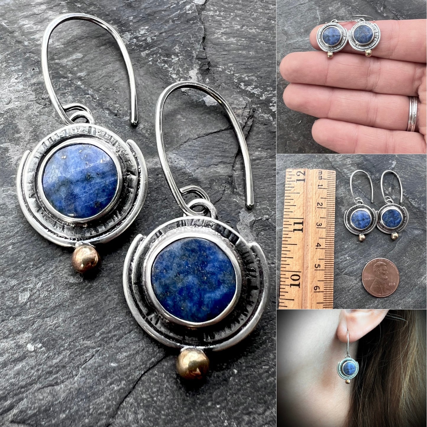 Lapis Lazuli Sterling Silver Earrings | Round Blue Natural Stone Earrings