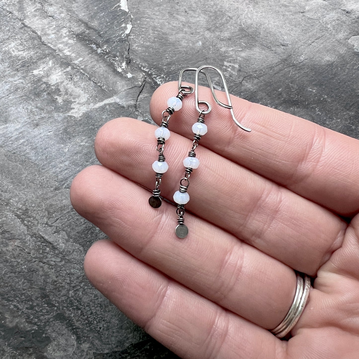 Sterling Silver Opalite Earrings | Beaded Opalite Long Dangles
