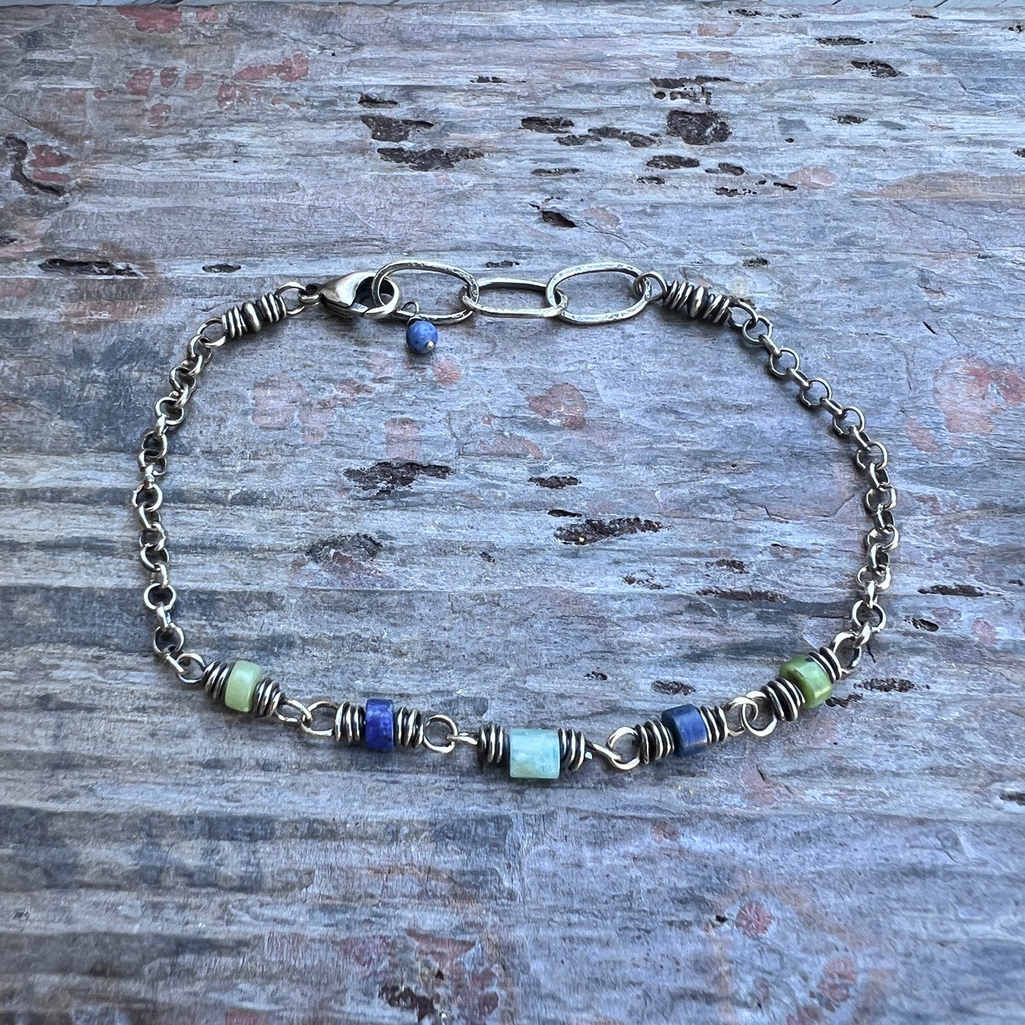 Sterling Silver Genuine Stone Bracelet | Amazonite, Lapis Lazuli, and Chrysoprase with Hammered Oval Links