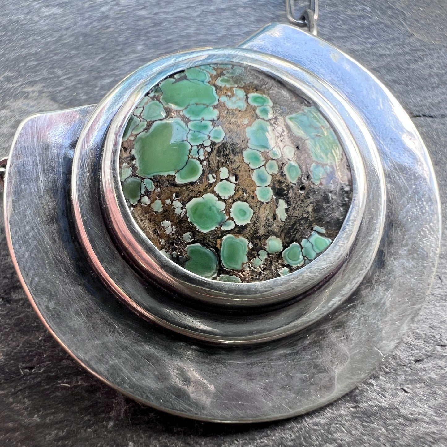 Sterling Silver Genuine Turquoise Necklace | Green Natural Stone Round Cabochon Pendant