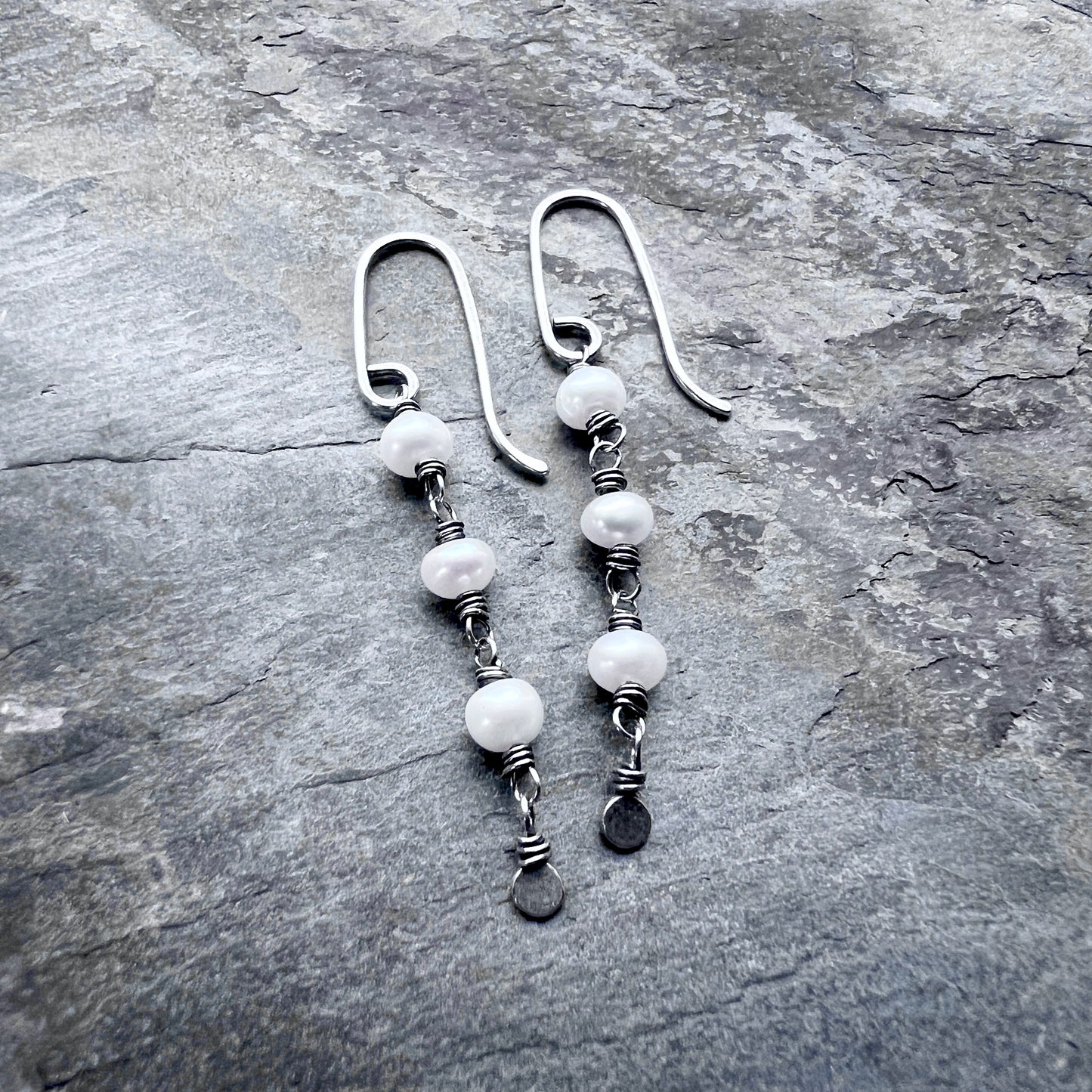 Sterling Silver Pearl Earrings | Genuine Pearl Wire-wrapped Long Dangles