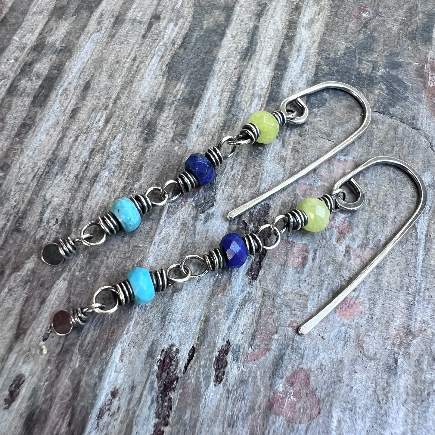 Sterling Silver Genuine Stone Earrings | Long Dangles with Turquoise, Lapis Lazuli, and Jade Beads