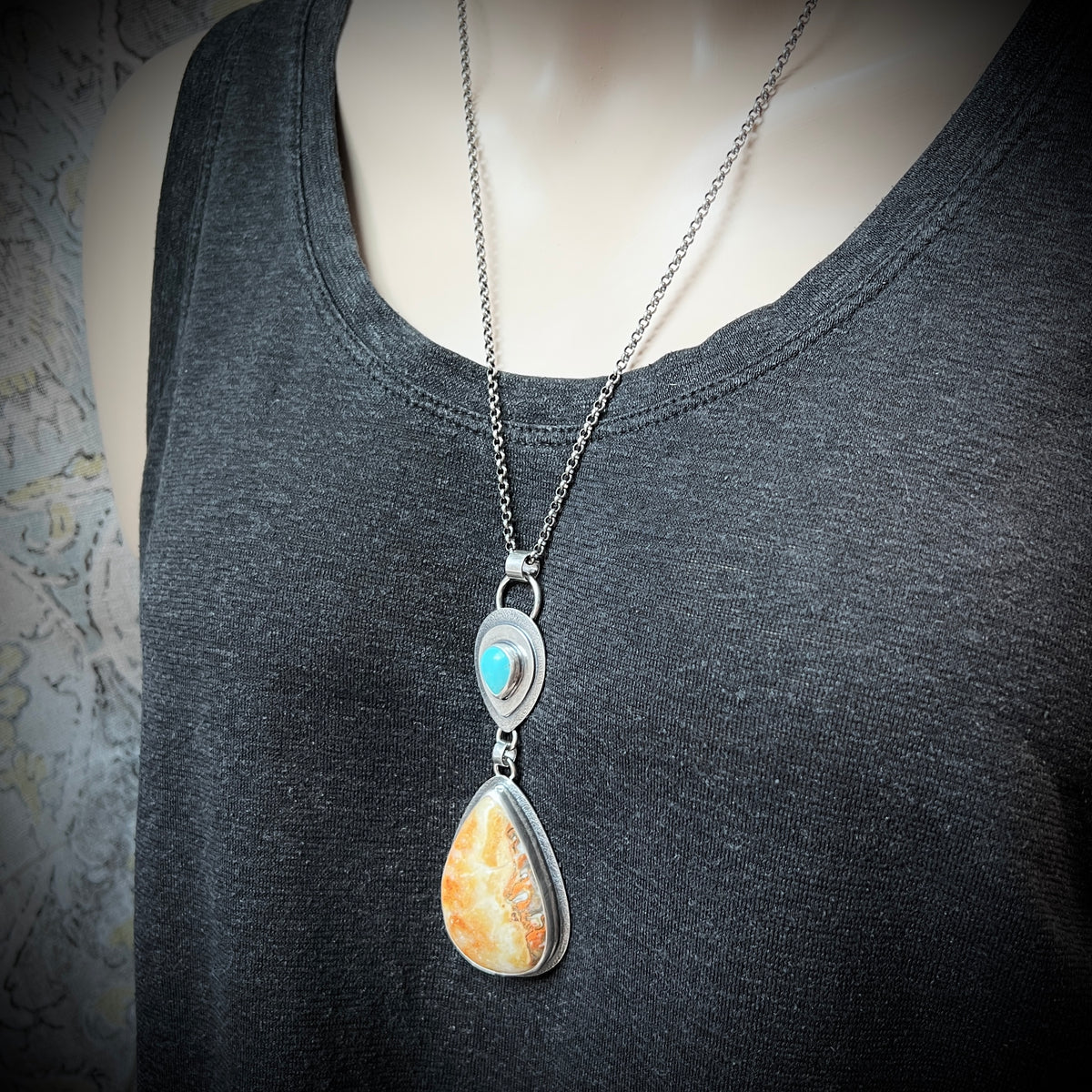 Sterling Silver Genuine Turquoise and Jasper Necklace | Natural Stone Teardrop Statement Pendant
