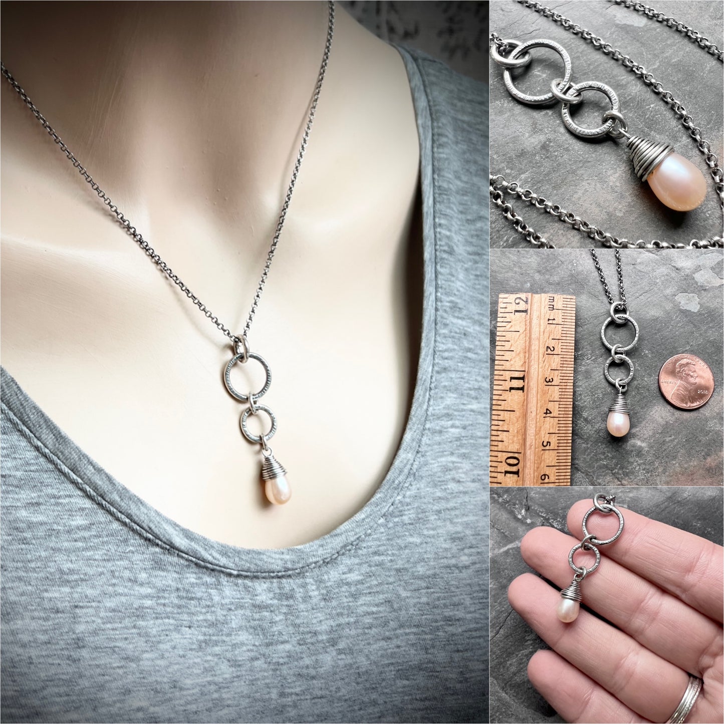 Sterling Silver Pearl Teardrop Necklace | Peach Pearl and Silver Rings Pendant