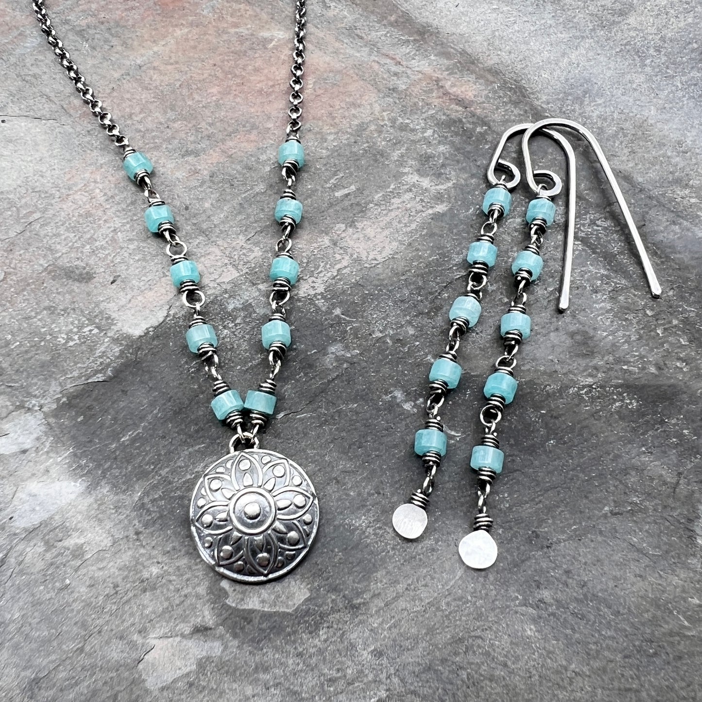 Sterling Silver Amazonite Earrings | Aqua Natural Stone Long Dangle Earrings