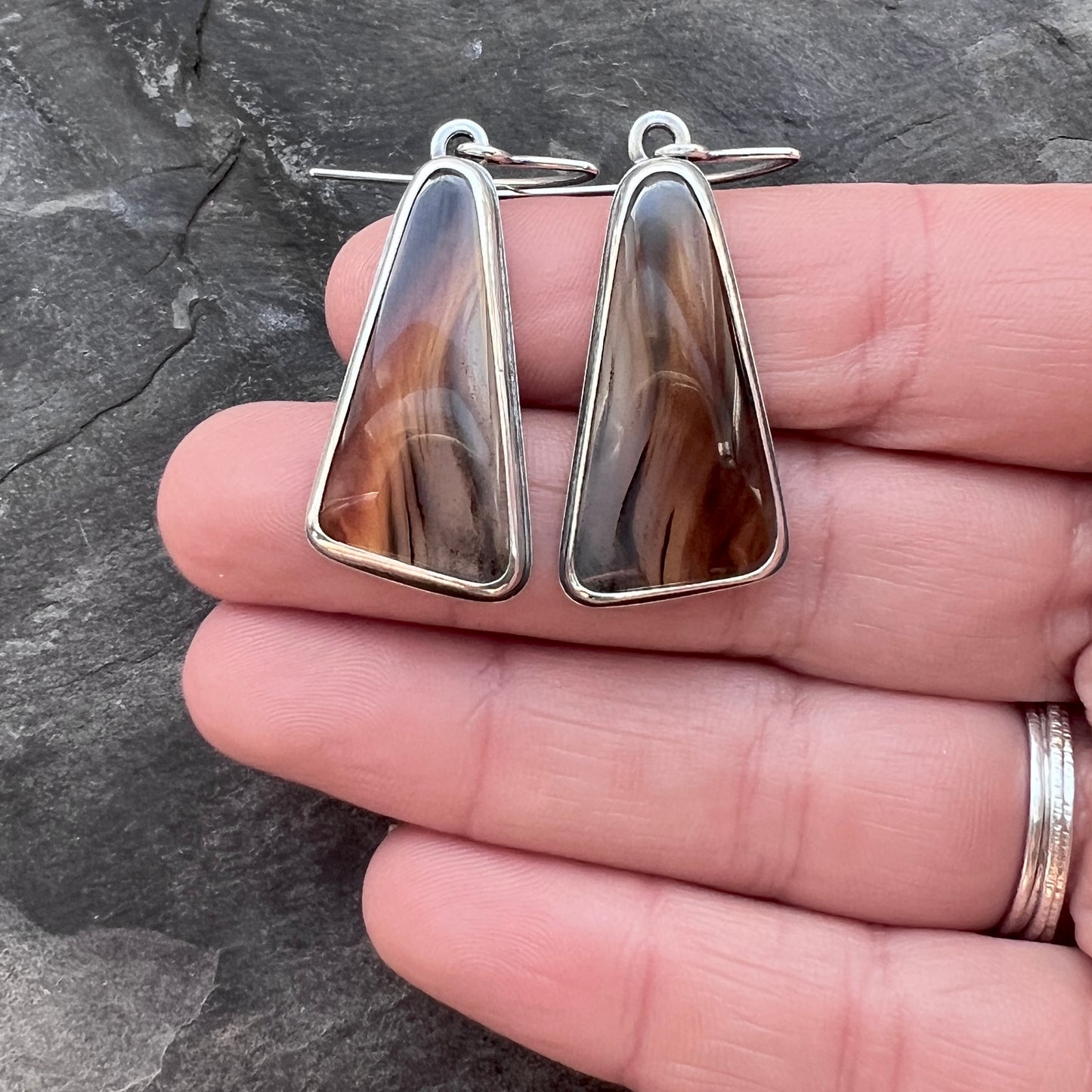 Sterling Silver Montana Agate Earrings | Brown Triangular Stone Cabochon Large Dangles