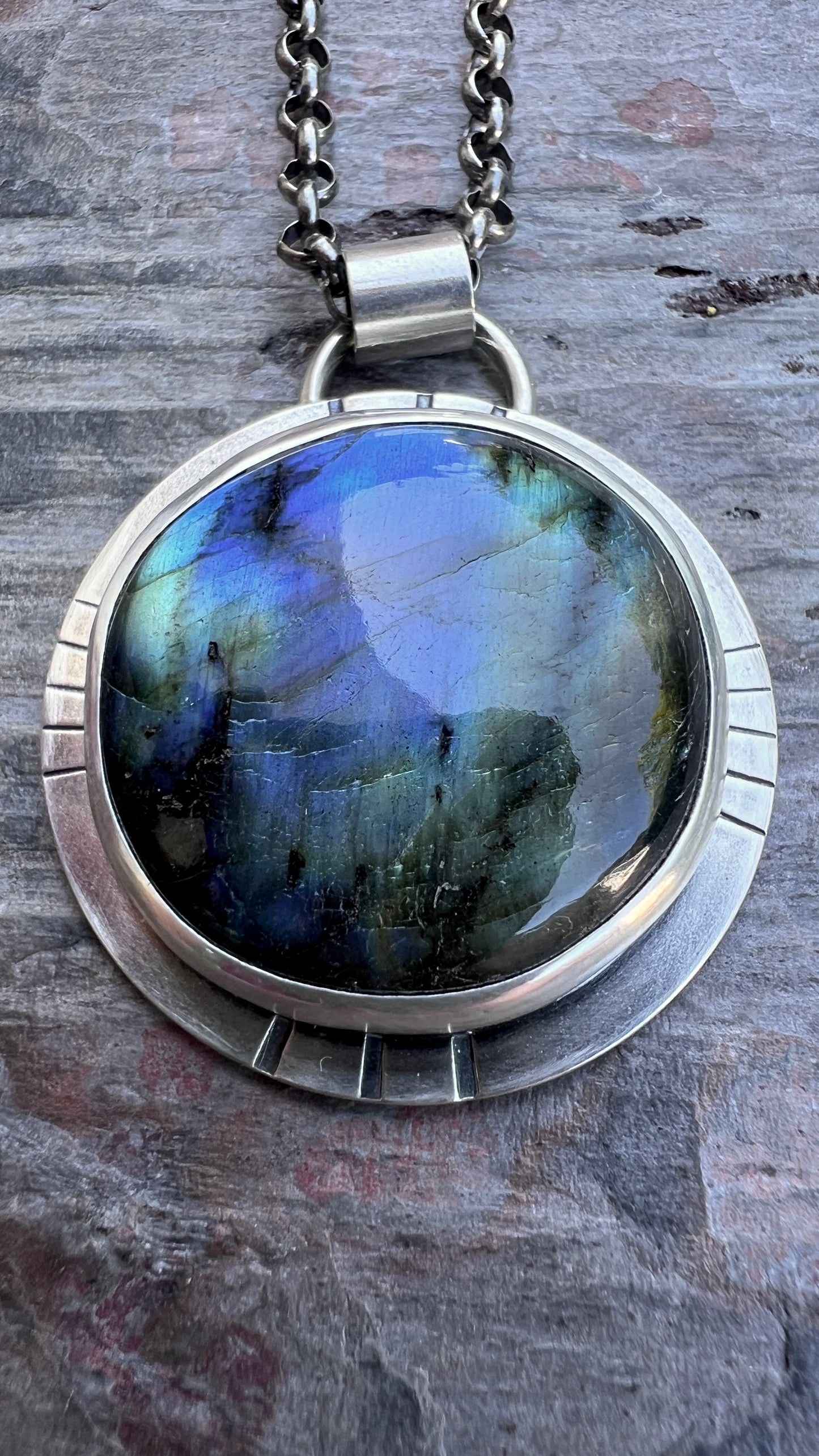 Labradorite Sterling Silver Necklace | Large Raw Natural Stone Round Pendant