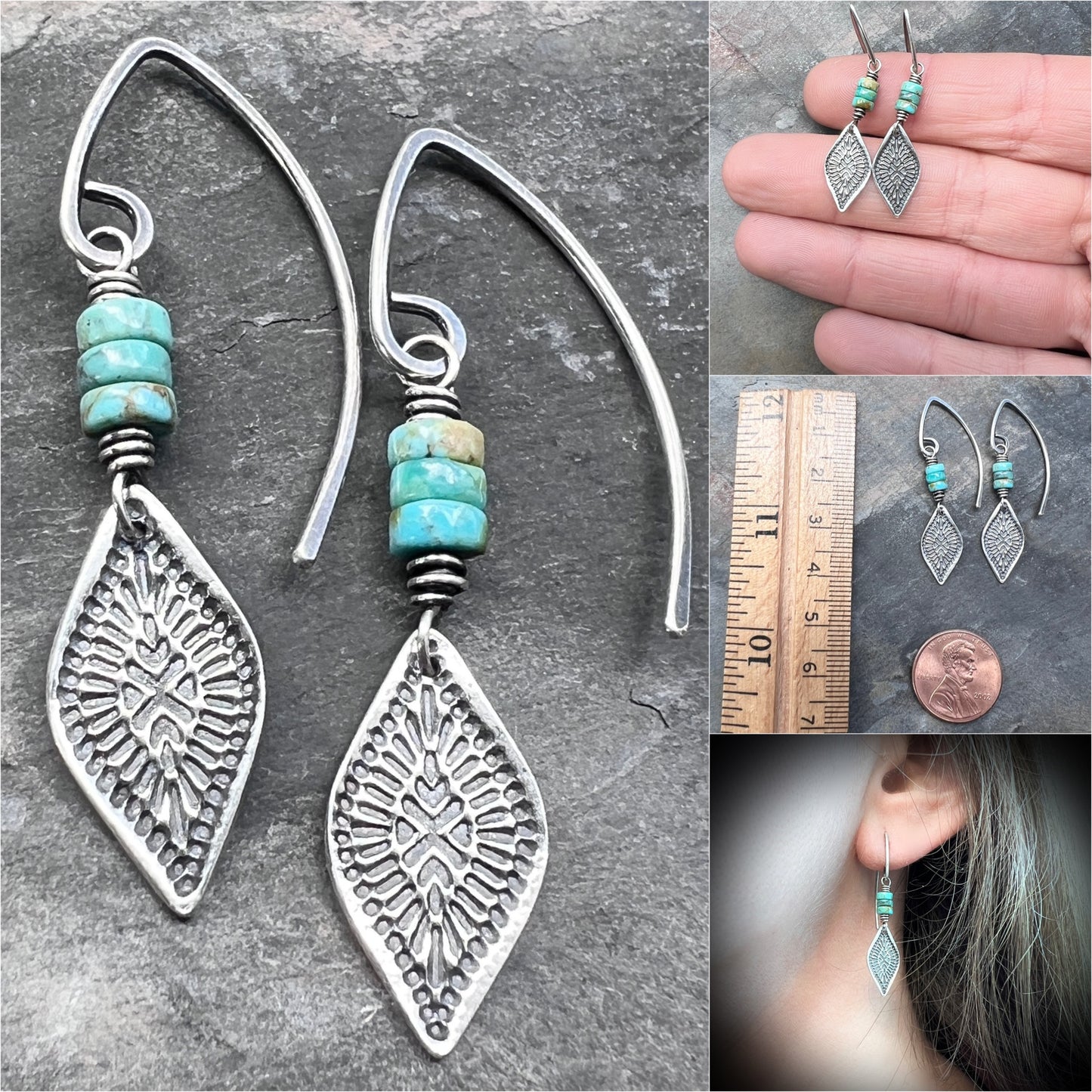 Genuine Turquoise Sterling Silver Earrings | Natural Stone Beads with Stamped Silver Dangle