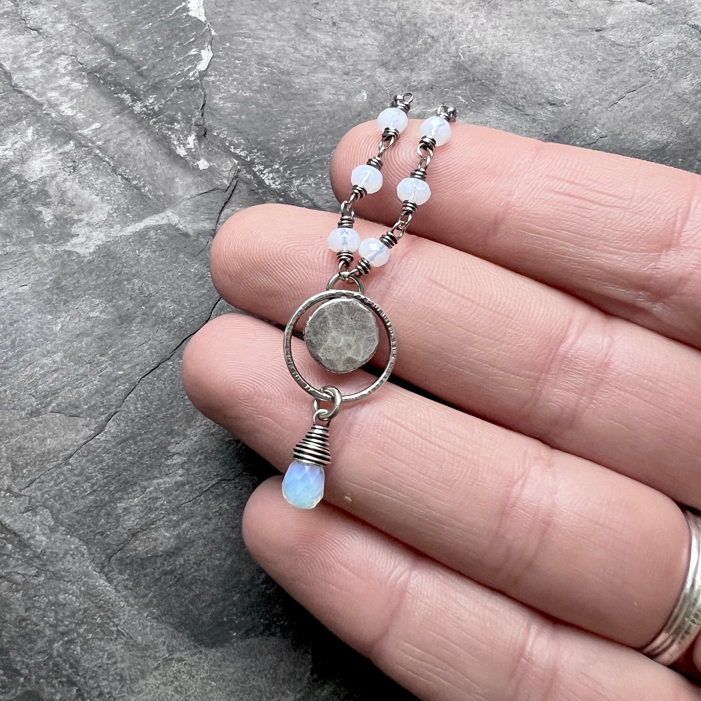 Sterling Silver Opalite Necklace | Wire-wrapped Opalite with Hammered Silver Pebble Pendant