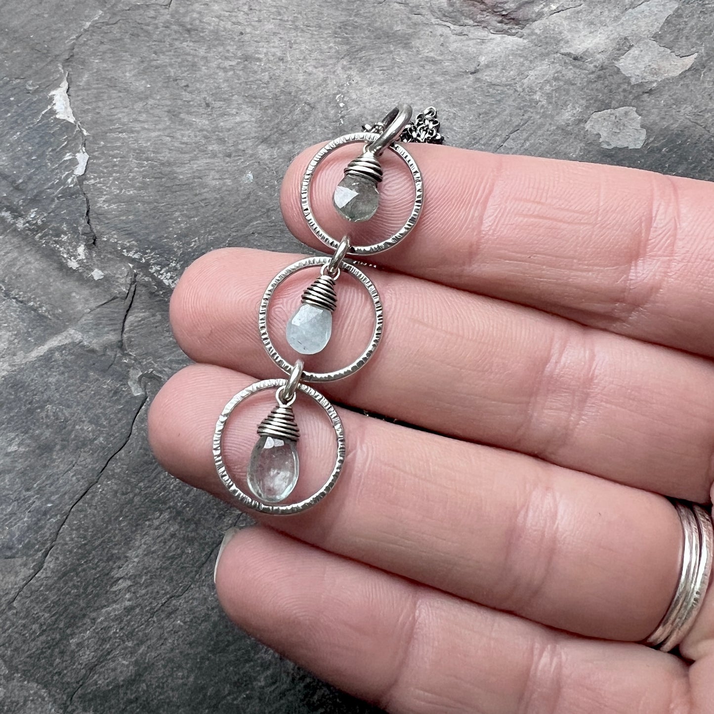 Genuine Aquamarine Sterling Silver Necklace | Aquamarine Stones in Hammered Rings Pendant