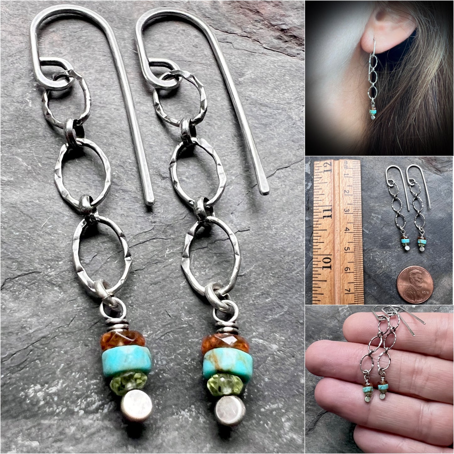 Peridot, Turquoise, Garnet, and Sterling Silver Lightweight Dangle Earrings