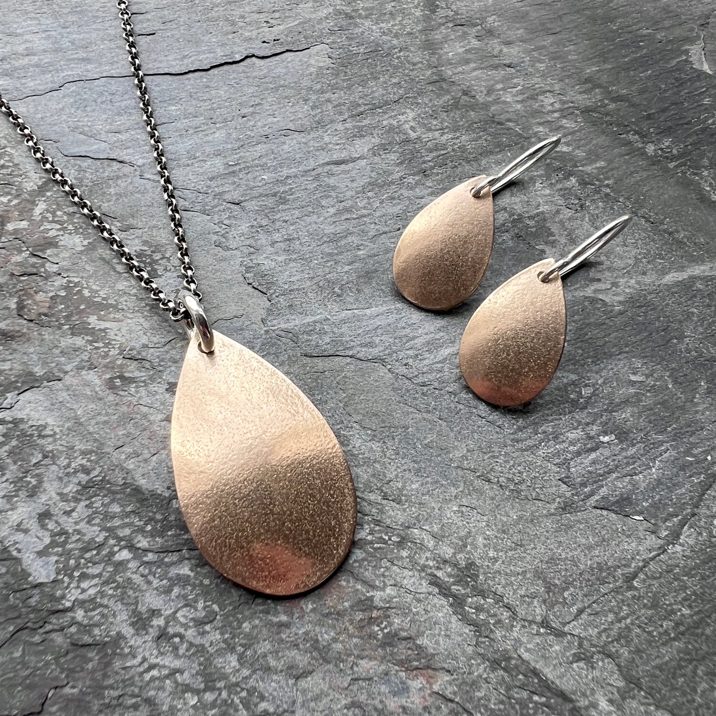 Golden Bronze Teardrop Pendant with Sterling Silver Chain | Mixed Metal Necklace