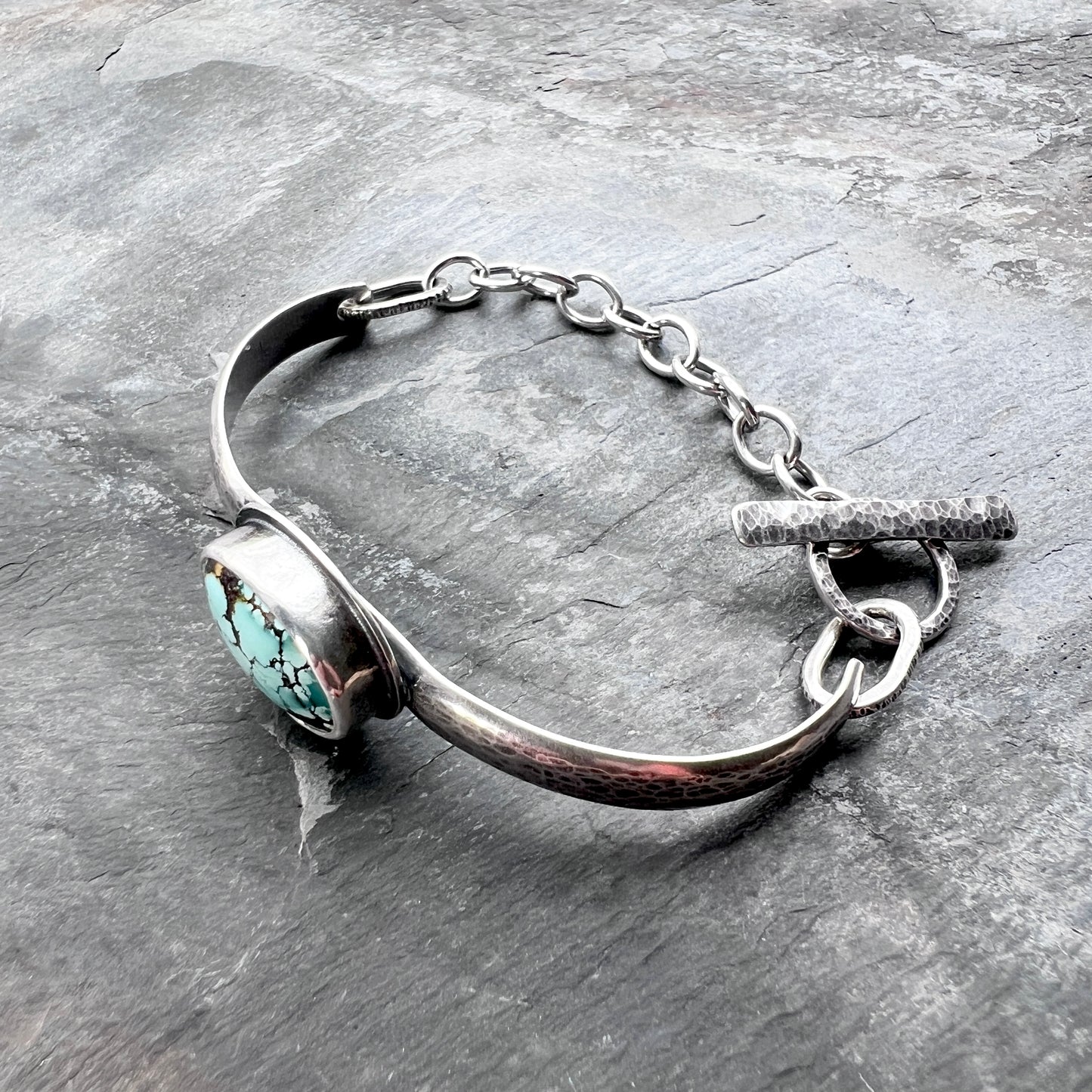 Sterling Silver Turquoise Bracelet | Genuine Natural Turquoise Hammered Cuff with Toggle Clasp