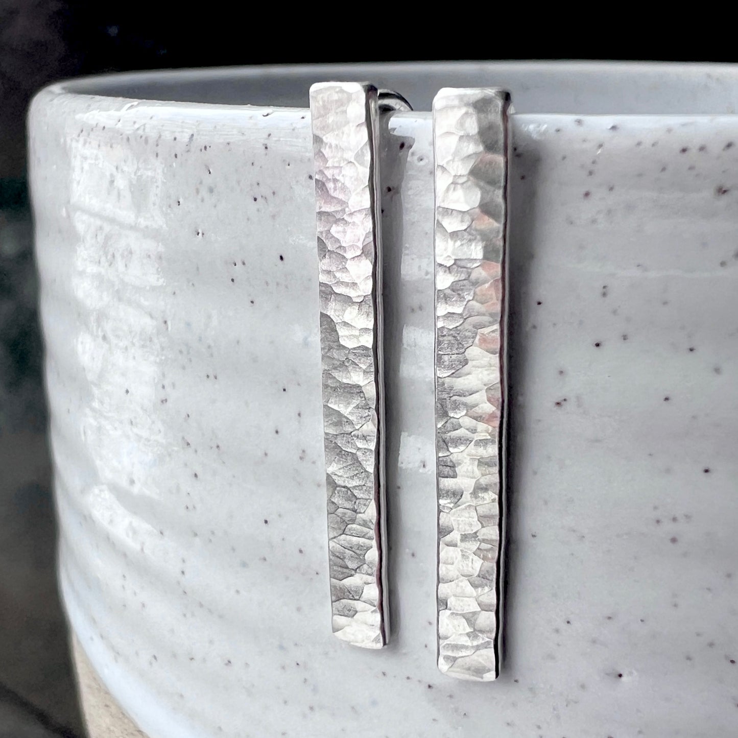 Sterling Silver Hammered Bar Earrings | Minimalist Silver Dangles