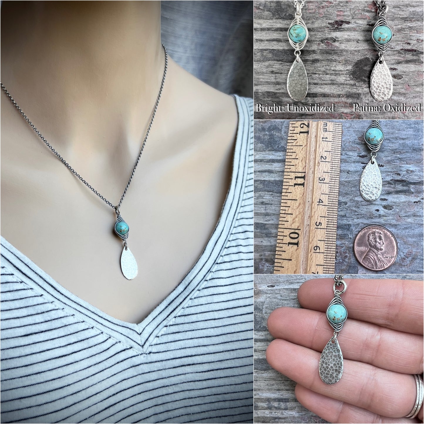 Genuine Turquoise Sterling Silver Necklace | Wire-wrapped Natural Stone and Hammered Teardrop Pendant