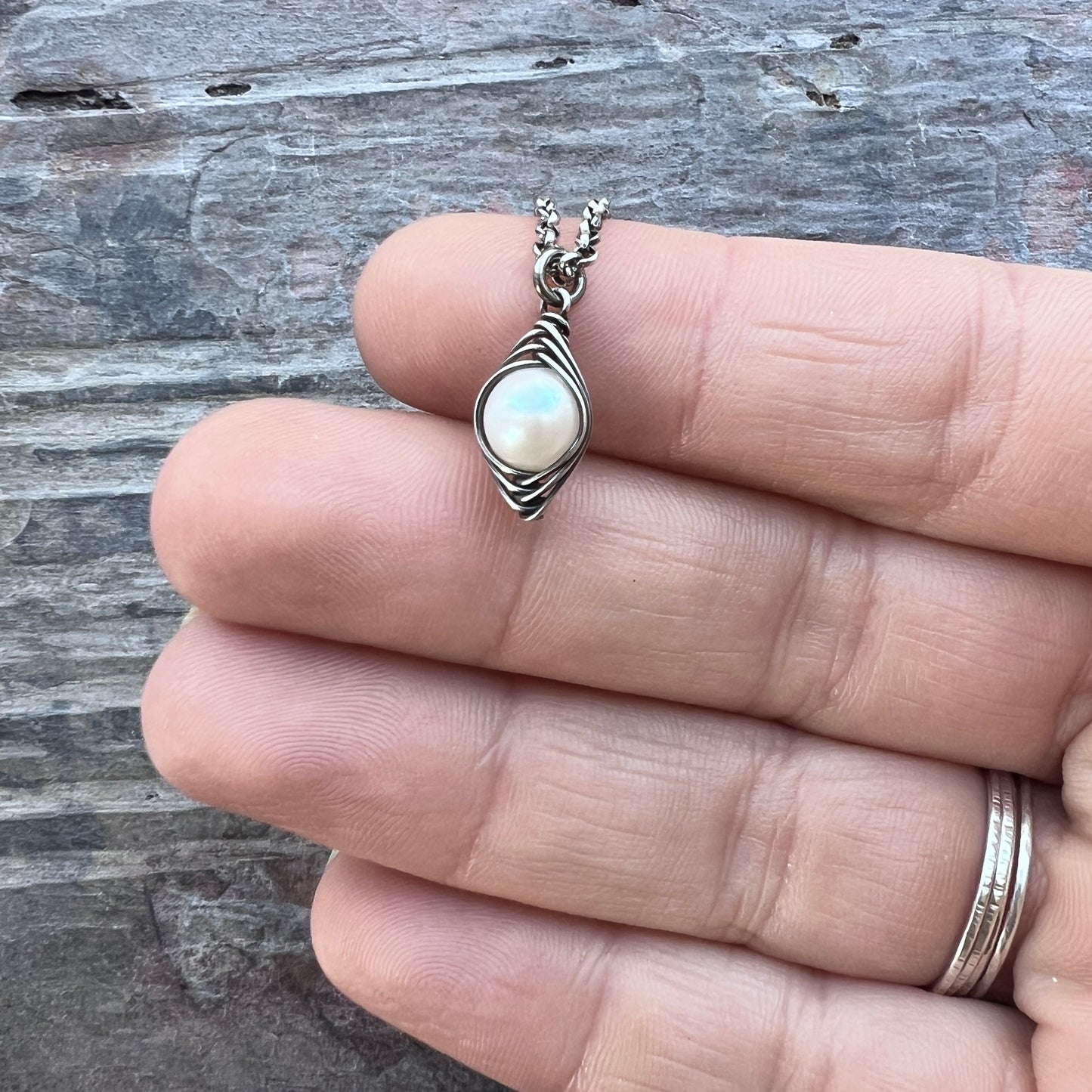 Sterling Silver Pearl Necklace | Genuine Freshwater Pearl Wire-Wrapped Pendant