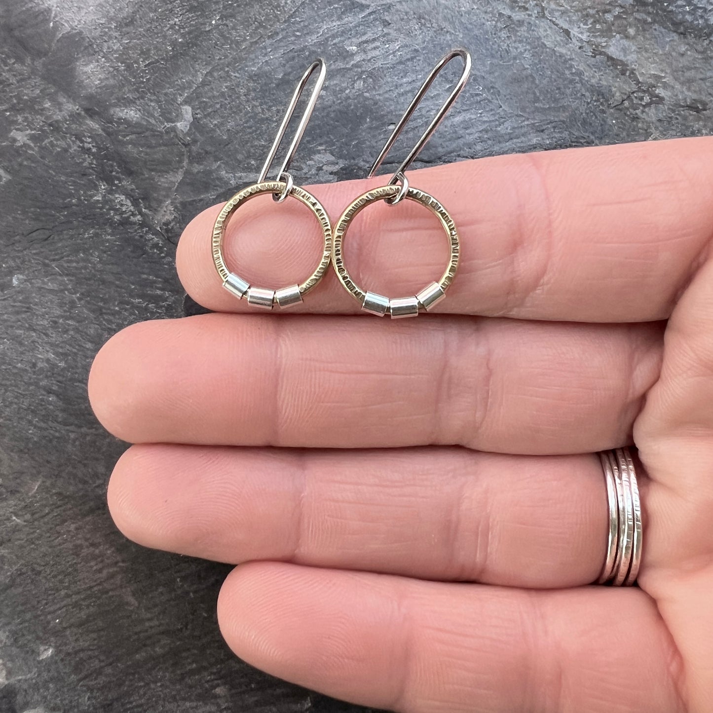 Sterling Silver and Brass Dangle Earrings | Mixed Metal Golden Brass Circles with Silver Beads