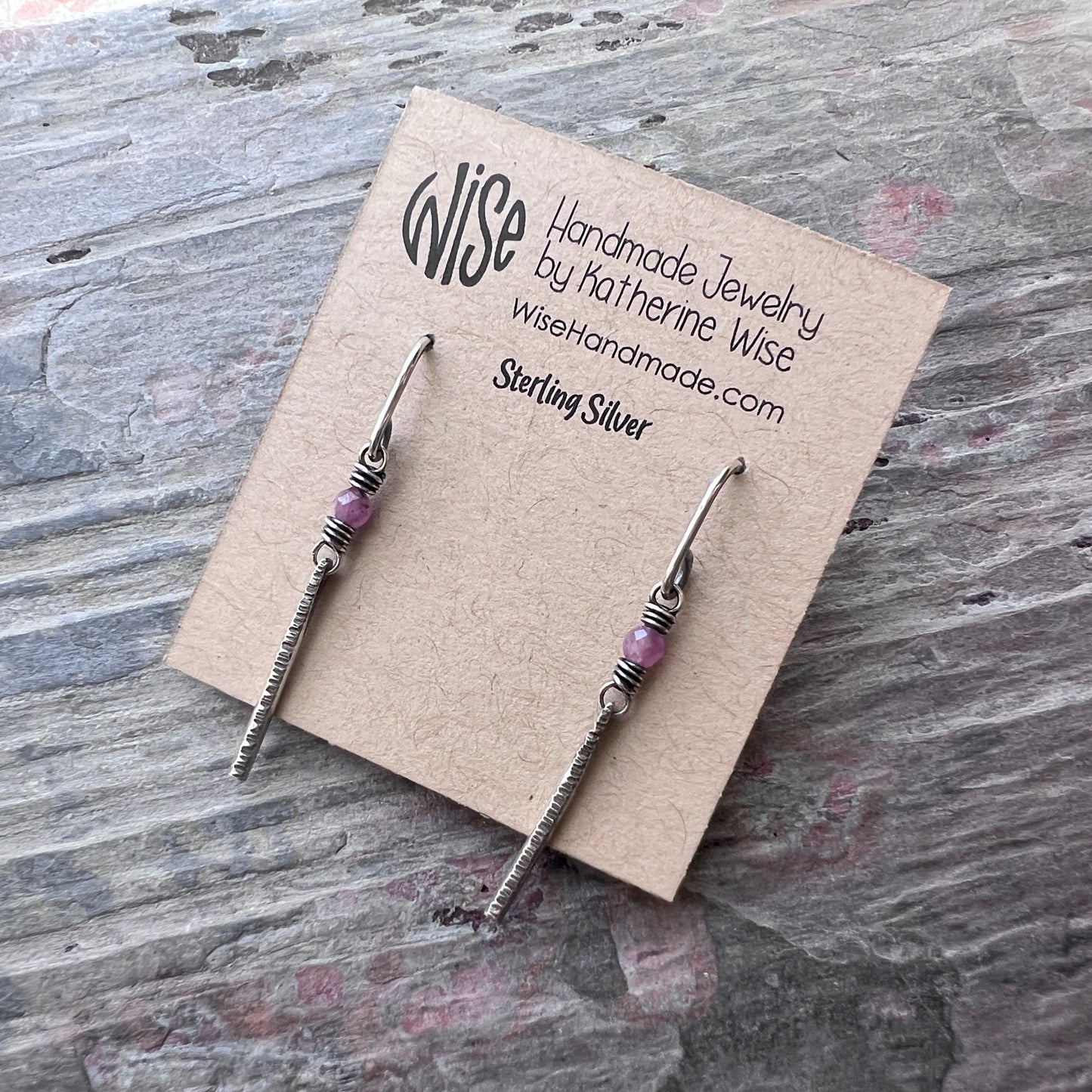 Customizable Sterling Silver Birthstone Earrings | Genuine Gemstone and Hammered Bar Dangle Earrings