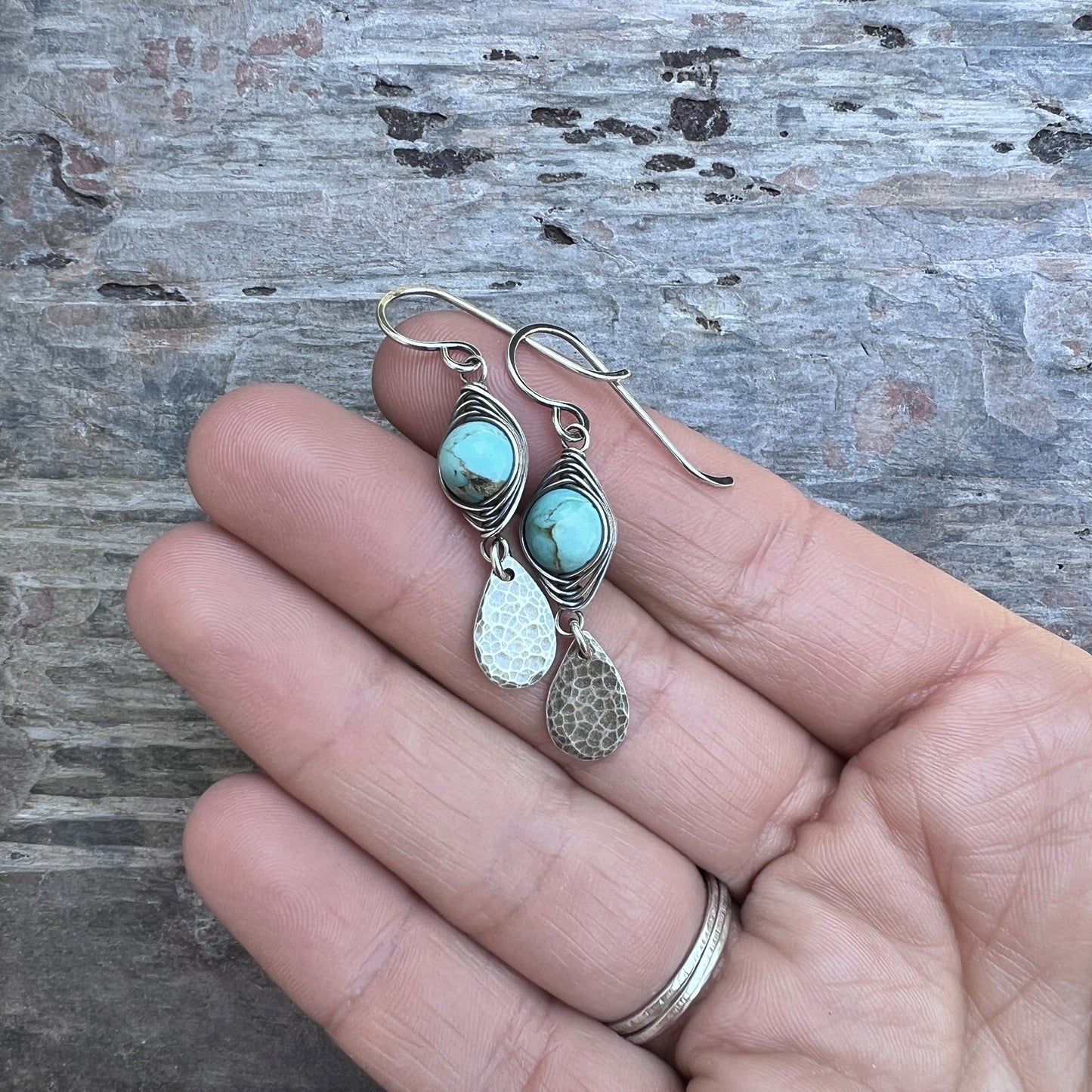 Genuine Turquoise Sterling Silver Earrings | Wire-wrapped Natural Stone and Hammered Teardrop Dangles