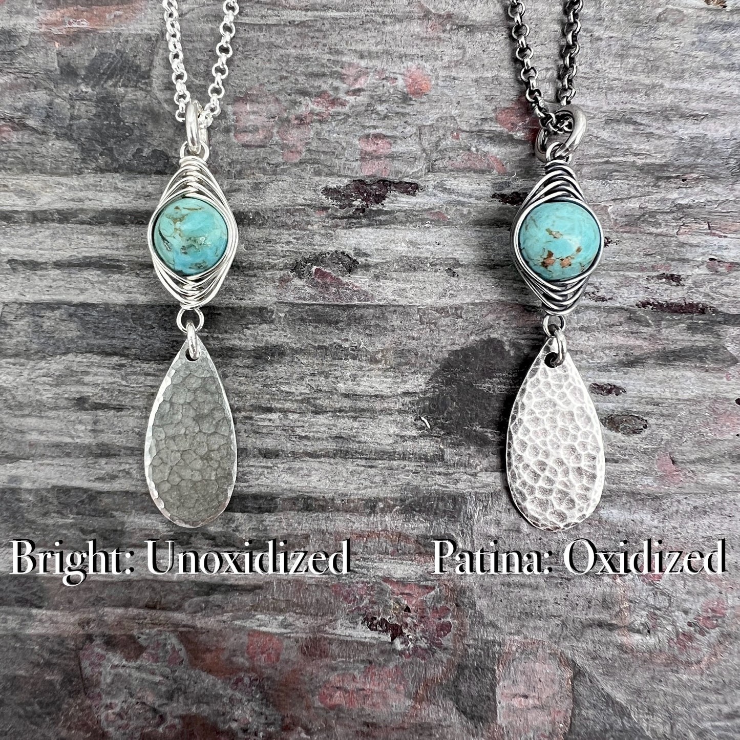 Genuine Turquoise Sterling Silver Necklace | Wire-wrapped Natural Stone and Hammered Teardrop Pendant