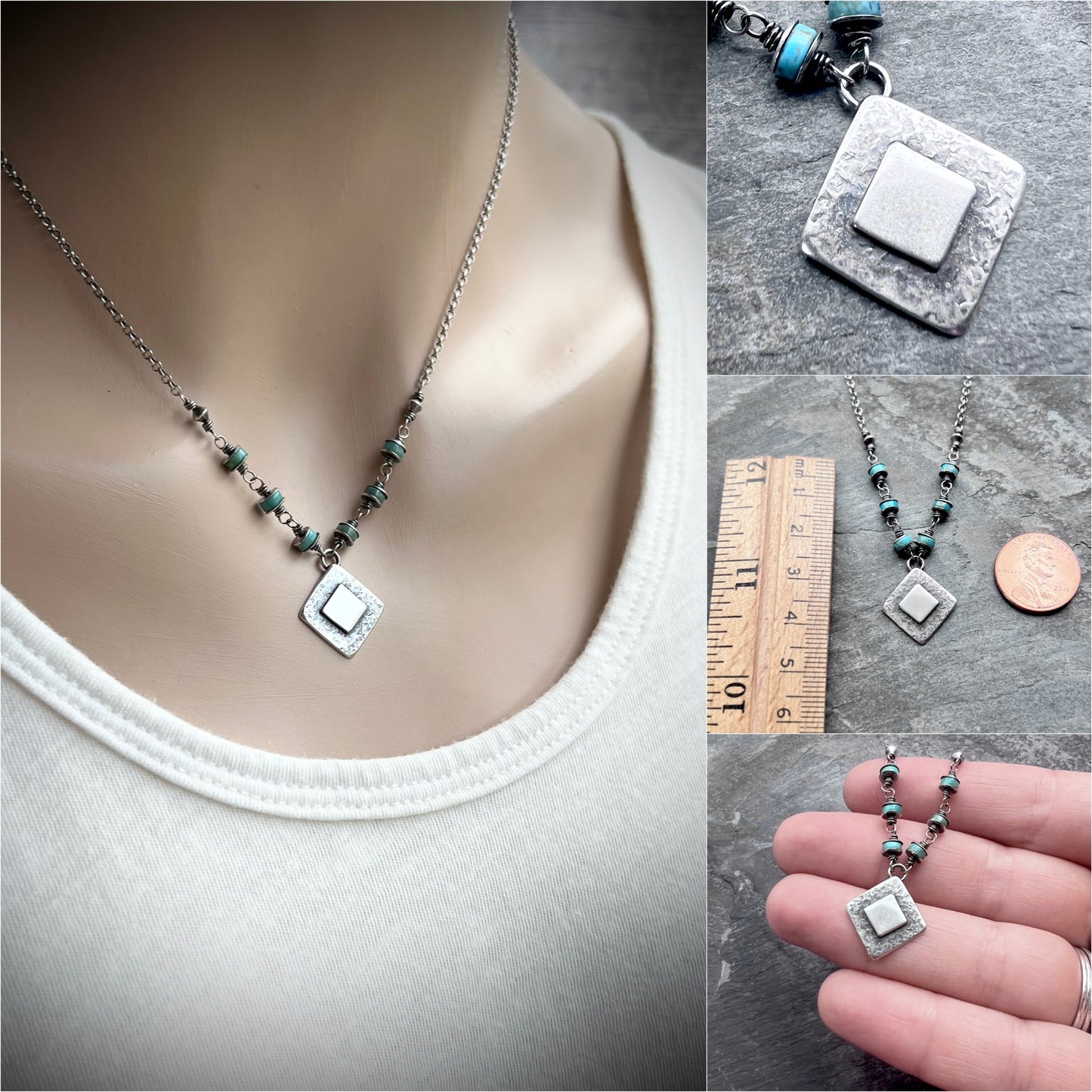 Genuine Turquoise Sterling Silver Necklace | Natural Stone Wire-wrapped Beads with Silver Diamond Pendant