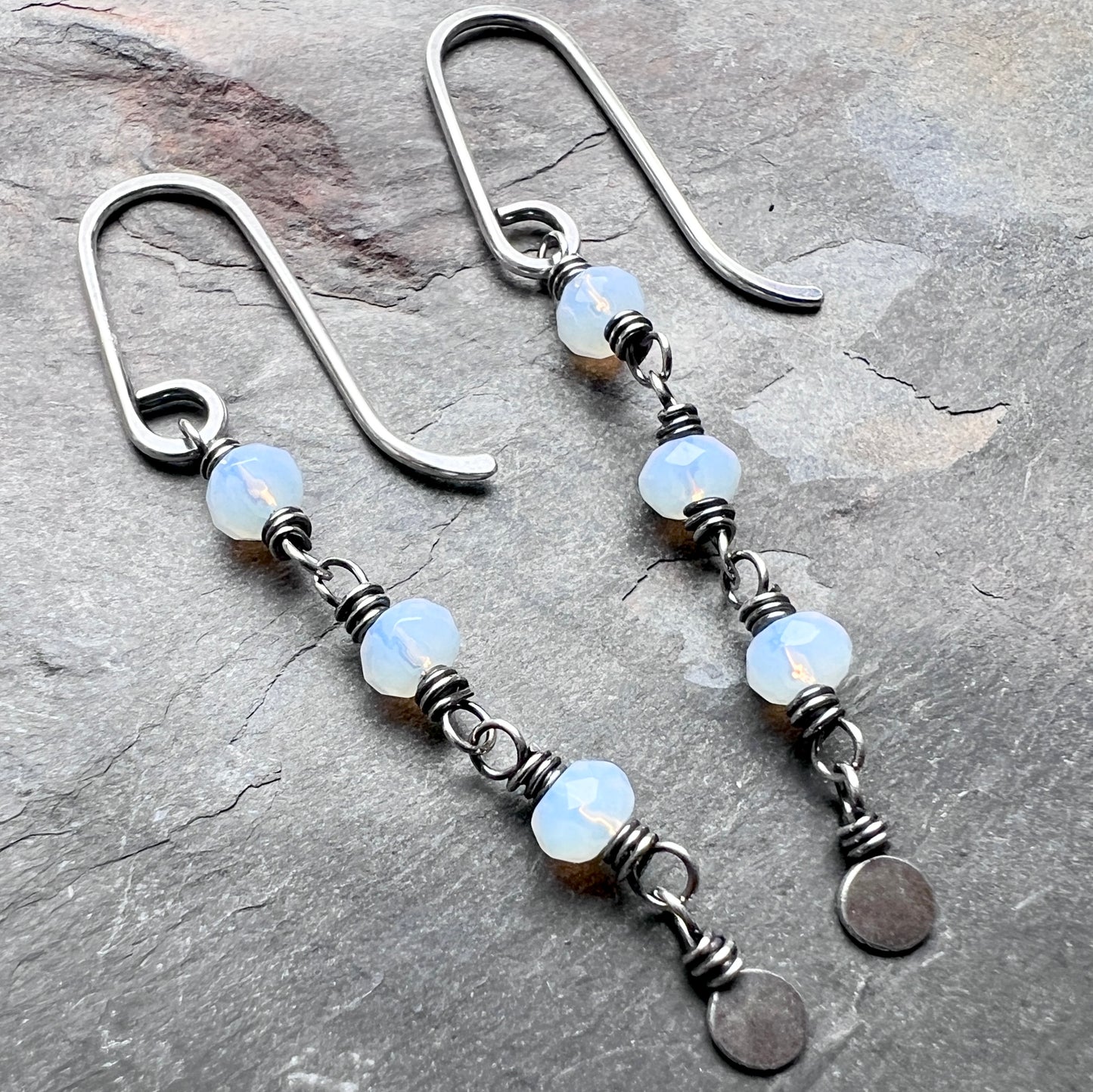 Sterling Silver Opalite Earrings | Beaded Opalite Long Dangles