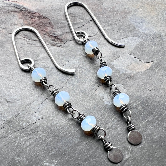 Sterling Silver Opalite Earrings | Beaded Opalite Long Dangles