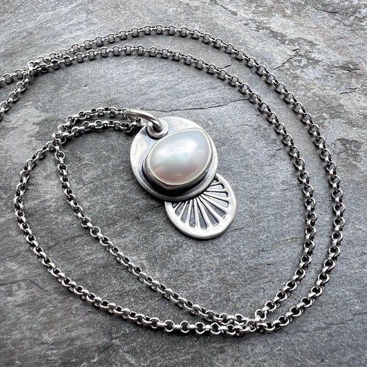 Sterling Silver Pearl Necklace | Natural Baroque Pearl Stamped Pendant