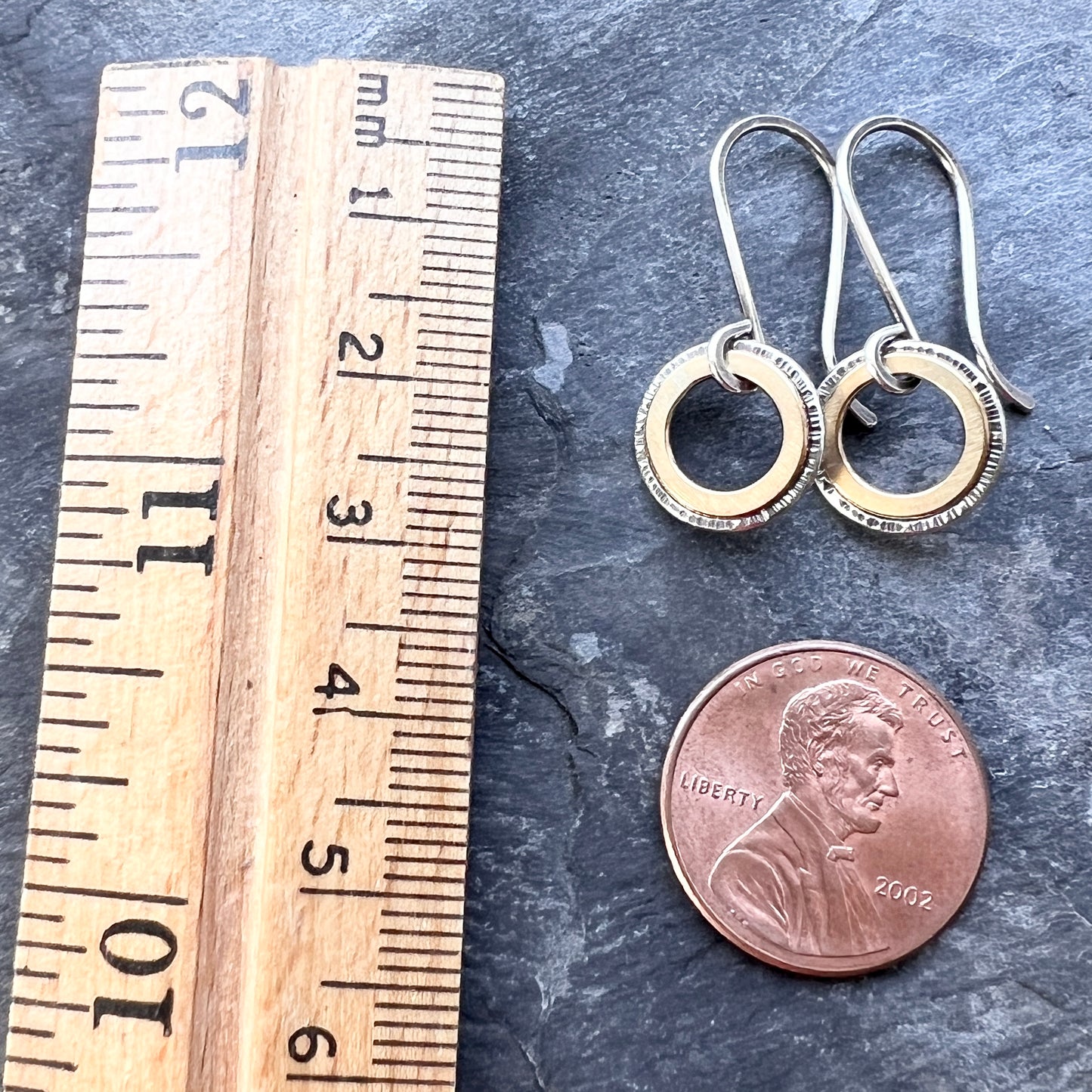 Sterling Silver and Brass Earrings | Mixed Metal Tiny Ring Dangles