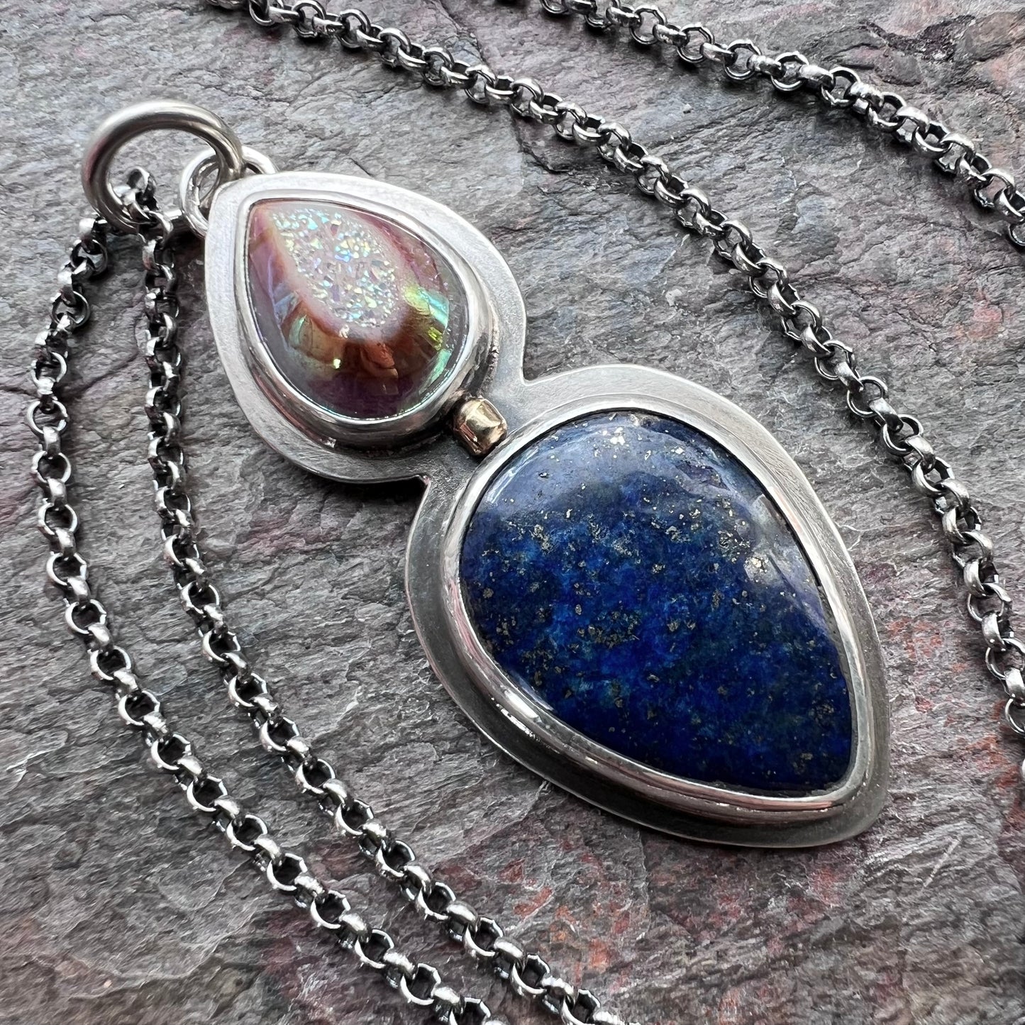 Sterling Silver Lapis Lazuli Necklace One of a Kind Raw Druzy