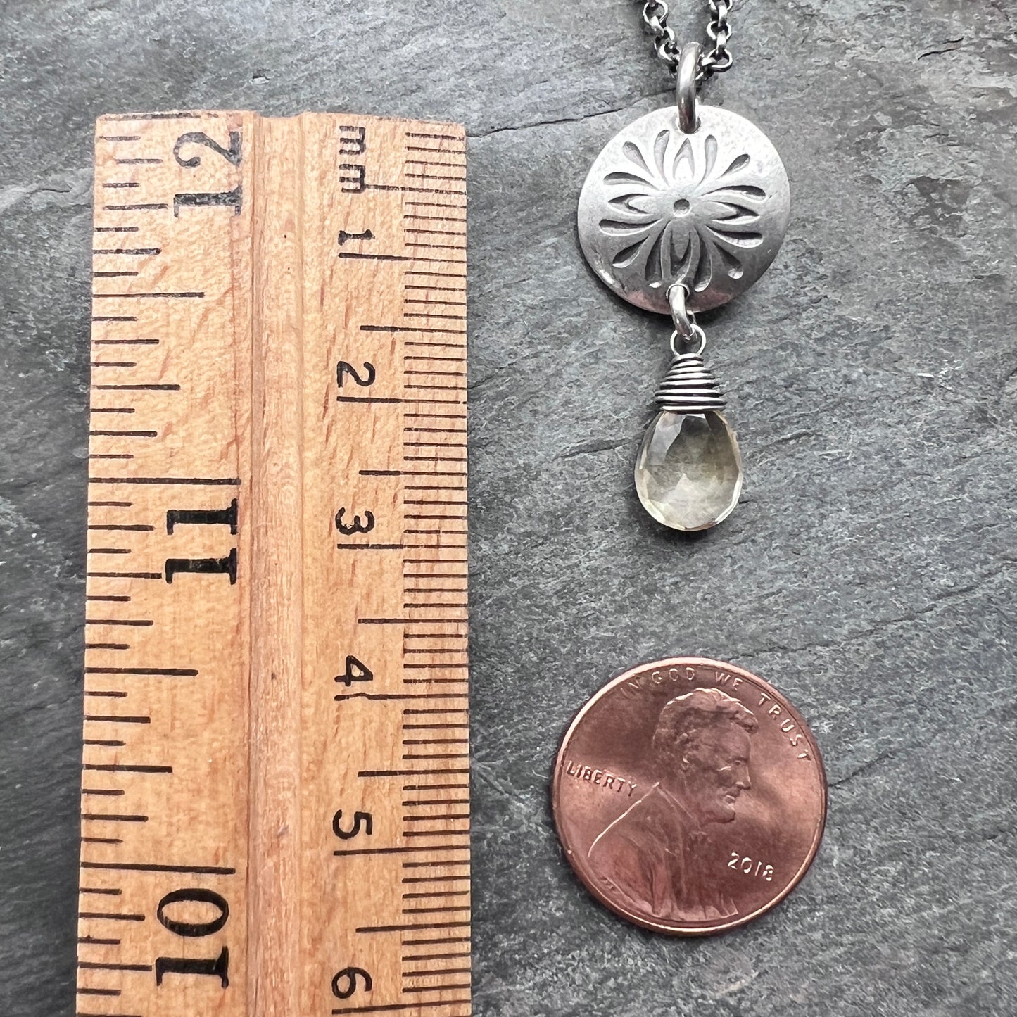 Genuine Citrine Sterling Silver Necklace | Flower Medallion and Yellow Teardrop Pendant