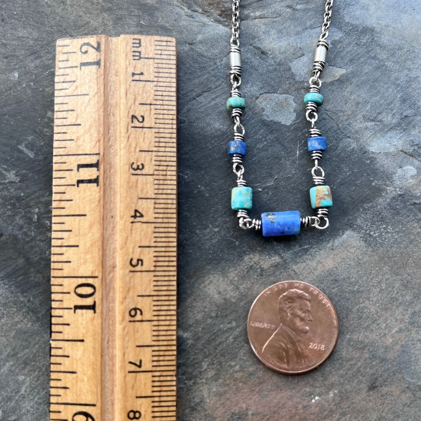 Genuine Turquoise and Lapis Lazuli Sterling Silver Necklace | Natural Stone Wire-wrapped Beaded Necklace